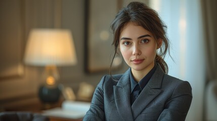 Wall Mural - A young professional woman in formal attire poses confidently in a sophisticated office setting during the day