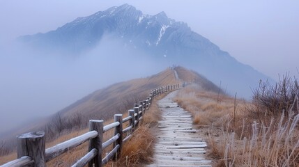 Wall Mural - Sunrise Over Mountain Trail With Wooden Pathway in Autumn