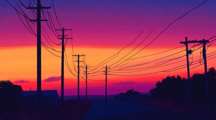 Poster - A silhouette of electricity poles and power lines against a colorful sunrise or sunset, capturing the stark contrast between the structure and the sky.