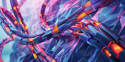 Abstract geometric shapes in blue, pink, and orange.