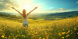 © Florian Dussart - A woman stands with open arms in a vibrant yellow flower field, basking in the warm sunlight on a beautiful summer day