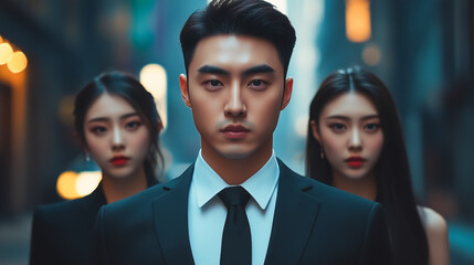 A focused young man in a suit leads two stylish women through a city street, portraying confidence, teamwork, and urban sophistication