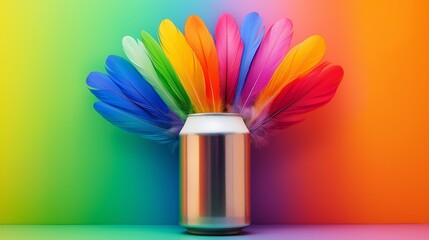 Poster - A can of soda is sitting in a vase with colorful feathers. The feathers are arranged in a rainbow pattern, creating a vibrant and eye-catching display. Concept of creativity and playfulness