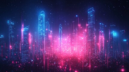Poster - A cityscape with buildings lit up in pink and blue