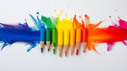 Poster - A row of colored pencils are arranged in a rainbow pattern on a white background. Concept of creativity and artistic expression, as the pencils are used to create a colorful and vibrant scene