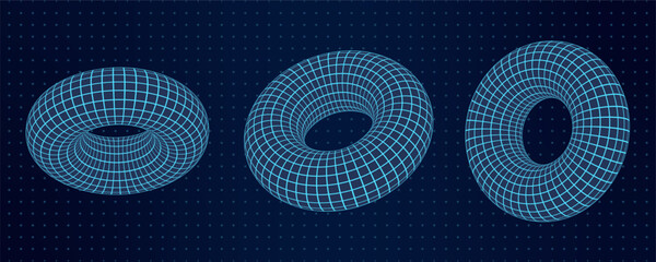 Wall Mural - 3d torus shapes with abstract wireframe and mesh grids. geometric donut elements with intricate grid