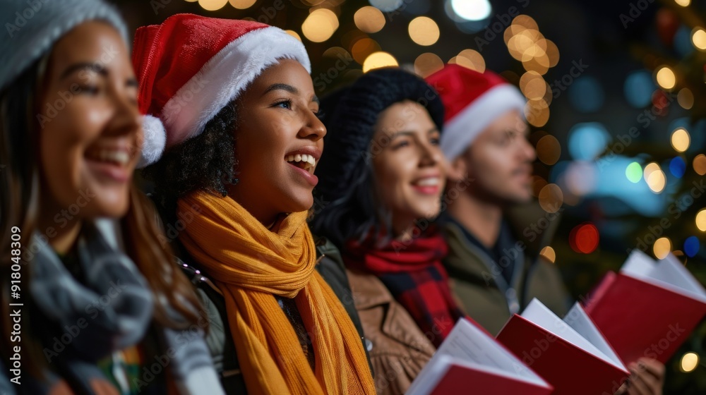 Joyful group of carolers singing traditional Christmas songs outdoors, spreading warmth and festive cheer in the winter night.