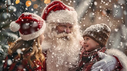 Wall Mural - Festive image of kids interacting with Santa, filled with smiles and cheer, embracing the Christmas spirit and family tradition.