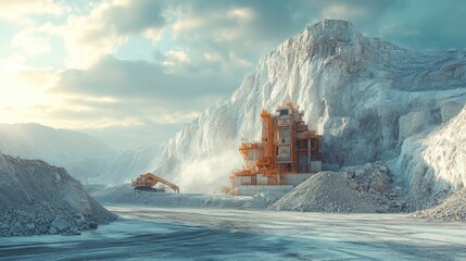 Aufkleber - A large industrial building is surrounded by a mountain range