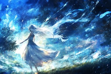 Sticker - Anime Girl with Long White Hair Stands in a Field of Grass with a Blue Sky and Stars Behind Her.