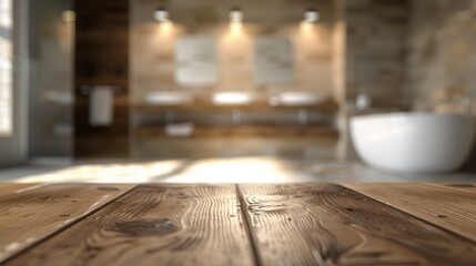 Wall Mural - Blurred bathroom background with wooden plank surface