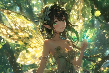 Sticker - A Magical Forest Fairy with Green Eyes.