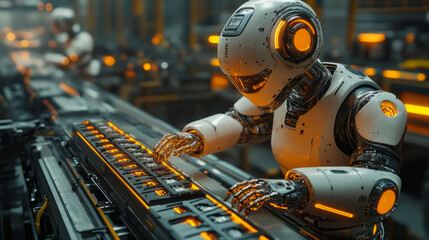 Poster - A robot is working on a keyboard with orange keys