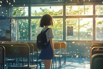 Poster - A lone schoolgirl with a backpack stands in an empty classroom with sunlight streaming through the window.