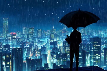 Sticker - Silhouette of a Person with Umbrella Looking Over a Cityscape at Night in the Rain.