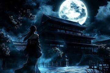 Canvas Print - Woman in Kimono Stands Before a Traditional Japanese Building Under the Full Moon.