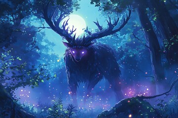 Wall Mural - Mystical Deer in the Moonlight Forest.