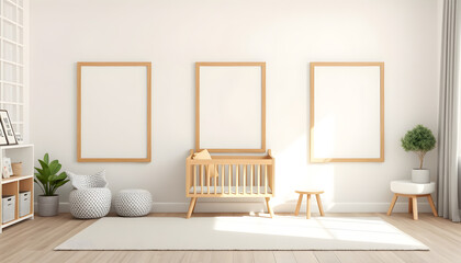 Three vertical frames in children room mock up, kids room design in farmhouse style, 3d render isolated with white highlights, png