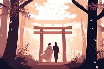 Poster - Couple Walking Towards a Torii Gate in a Cherry Blossom Forest.