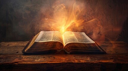 Wall Mural - Light rays emanate from an open Bible, symbolizing the enlightenment and wisdom gained through study and prayer, highlighting spiritual illumination.