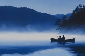 Wall Mural - Silhouette of two people canoeing on a calm lake with fog and mountains in the background.