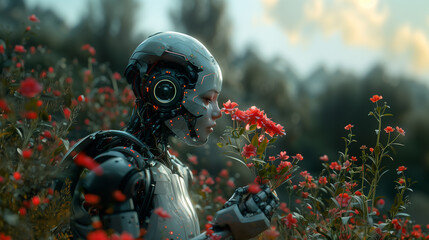 Futuristic Robot in a Blooming Field of Flowers Capturing Modern Technology