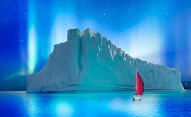 Wall Mural - iceberg floating in greenland fjord with lone yacht aurora borealis in the background - greenland