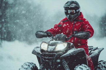 ATV Winter Adventure. Young Man Driving in Red Winter Clothes on 4WD Quad Bike in Heavy Snow with Deep Wheel Tracks