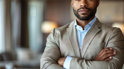 Wall Mural - Confident businessman in a stylish suit poses in a modern office environment during the day