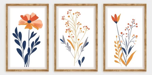 Retro flower illustrations in Scandinavian style with navy blue and orange colors are featured in a set of three frames with simple shapes in wood against a white background.