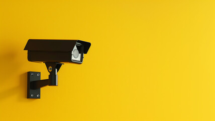 A sleek black CCTV camera against a plain yellow background  blending security with modern design