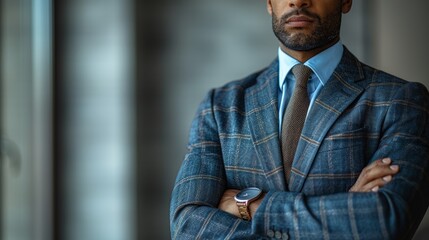 Wall Mural - Business professional wearing a tailored suit and standing confidently in a modern office environment during the afternoon