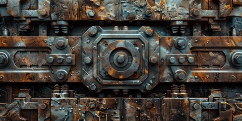 Rusty metal panel with bolts and gears.