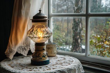 Wall Mural - Ornate Glass Lamp on a Table by a Window