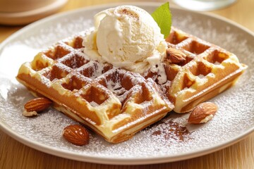 Wall Mural - Cinnamon Waffle. Belgian Waffle with Cream, Ice Cream, and Nuts for Breakfast