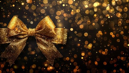 Wall Mural - Golden Bow on a Black Background with Sparkles