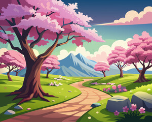 Wall Mural - Cherry Blossom Trees in Full Bloom landscape anime style