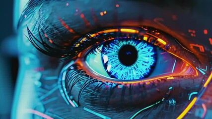 Close up of a futuristic eye with glowing blue and orange lights.