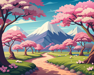 Wall Mural - Cherry Blossom Trees in Full Bloom landscape anime style