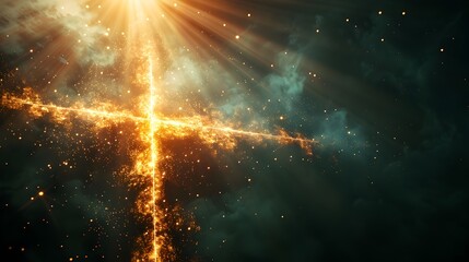 Poster - Cross of Light Beams Glowing Against Dark Ethereal Spiritual Backdrop