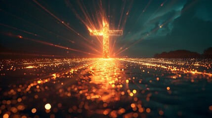 Poster - Glowing Cross of Light Beams against Ethereal Dark Background