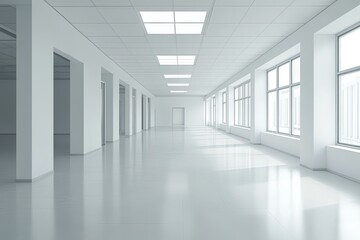 Poster - Bright, empty white office space with large windows allowing natural light to fill the room. Generative AI