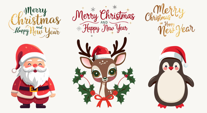 Merry Christmas set with Santa, winter animals in hats, gold lettering. For banner, card, package. Merry christmas calligraphy.