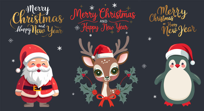 Merry Christmas set with Santa, winter animals in hats, gold lettering. For banner, card, package. Merry christmas calligraphy.