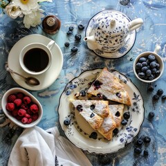 Wall Mural - Delicious blueberry pie slices with coffee and tea, perfect for a sweet breakfast or brunch.