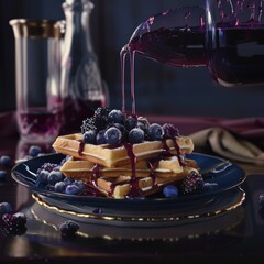 Wall Mural - Delicious waffles with blueberries, blackberries, and syrup being poured.