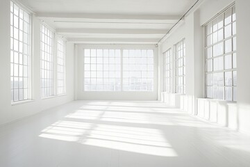 Poster - A vast, sunlit room features white walls and large windows showcasing the outdoors. Generative AI