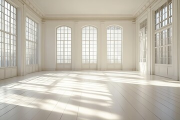Poster - Natural light floods the spacious white room through tall windows. Generative AI