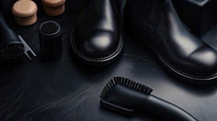 Close-up of black leather boots alongside shoe care equipment, displayed on a black background, emphasizing quality and maintenance.