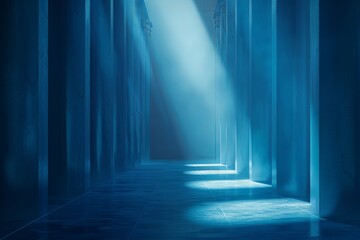 Poster - A tranquil hallway features blue gradient pillars softly lit by natural light. Generative AI